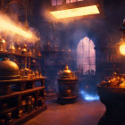 Fantasy alchemy lab with glowing flasks and magical light