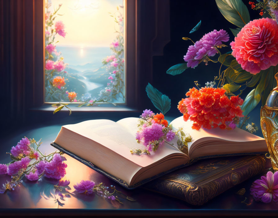 Open book with lush flowers and mountain view in warm sunlight