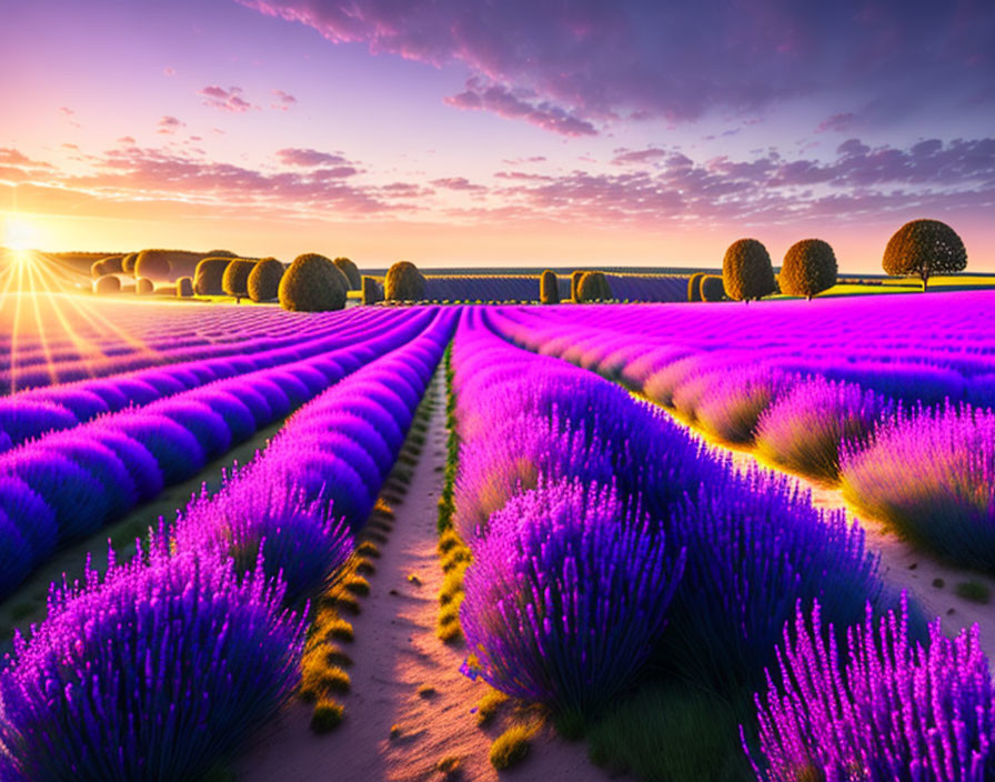 Picturesque lavender fields at sunset with sun rays and rounded trees.