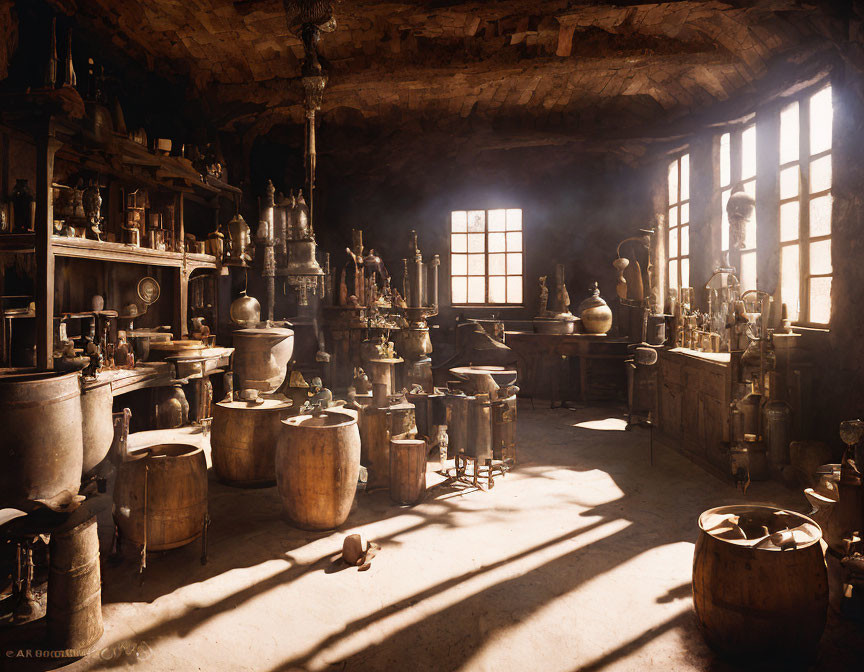 Vintage Kitchen with Copper Pots and Pans in Dim Lighting