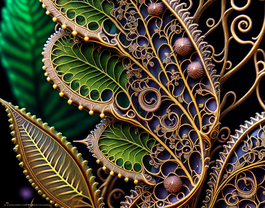 Detailed Metallic Butterfly Wings with Gear and Leaf Patterns on Dark Background