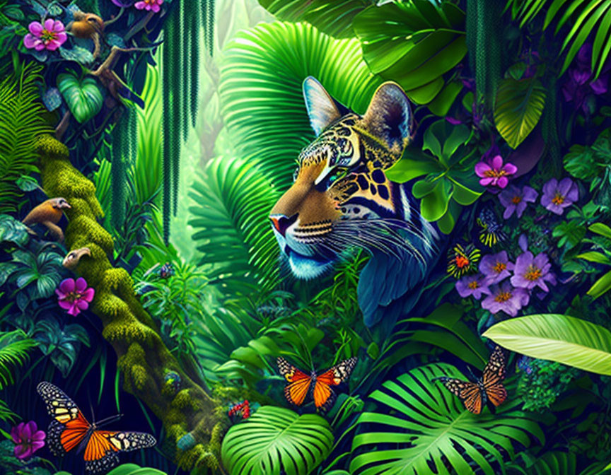 Leopard's face in lush jungle with butterflies