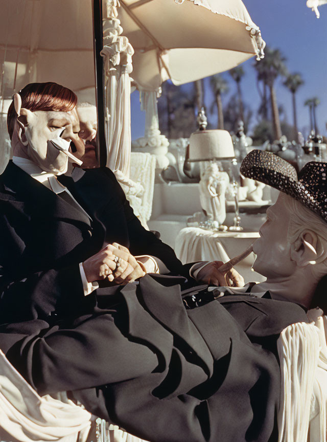 Formal attire mannequins with cigar in sunlit setting