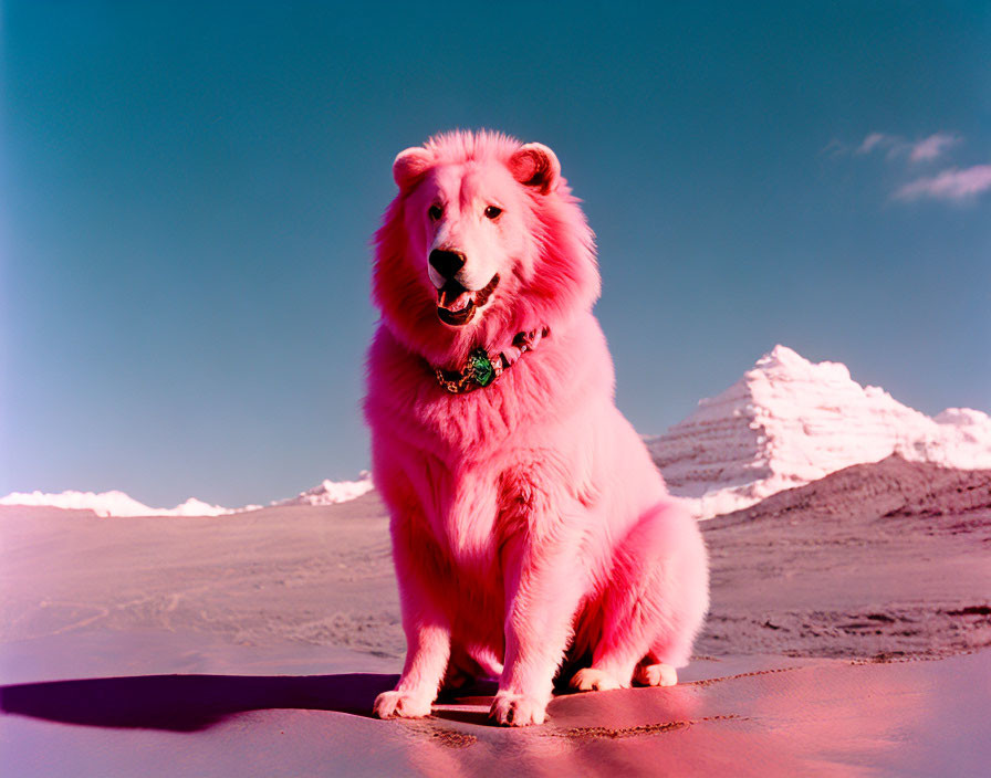 Pink fluffy dog on desert terrain with snow-capped mountain in background