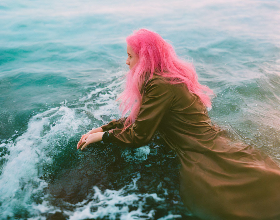 Pink-haired person on dock reaching into calm blue sea