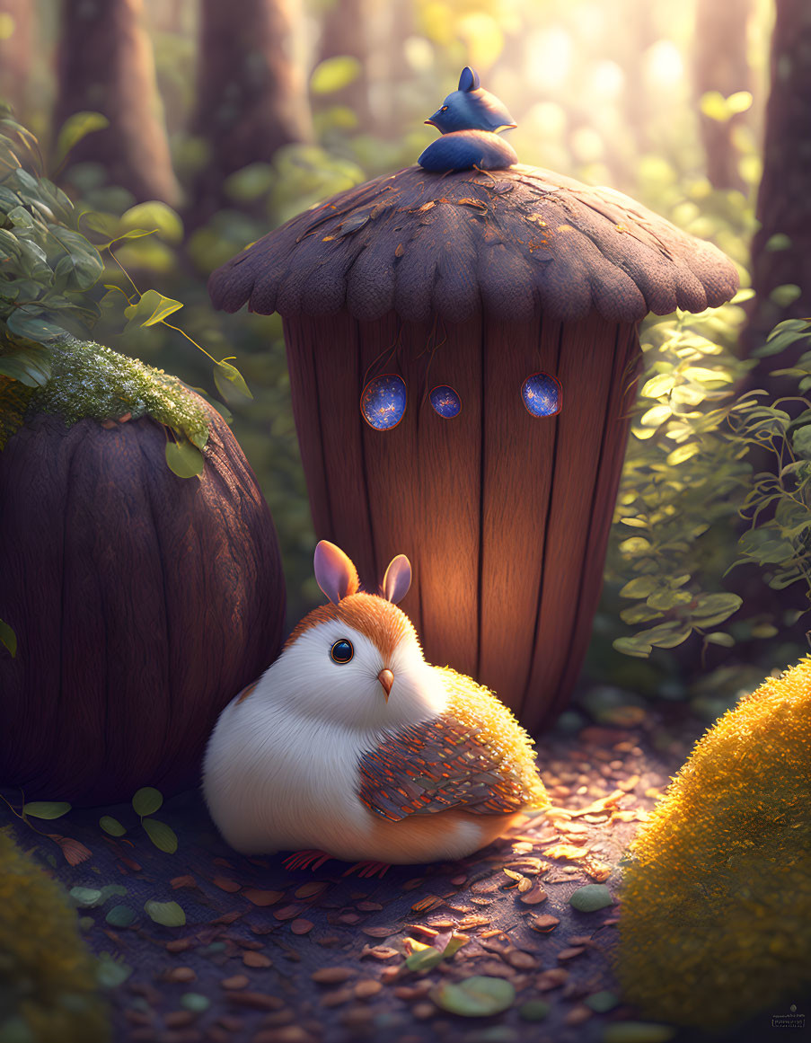 Detailed Illustration of Fluffy Creature with Mushroom Cap and Blue Bird