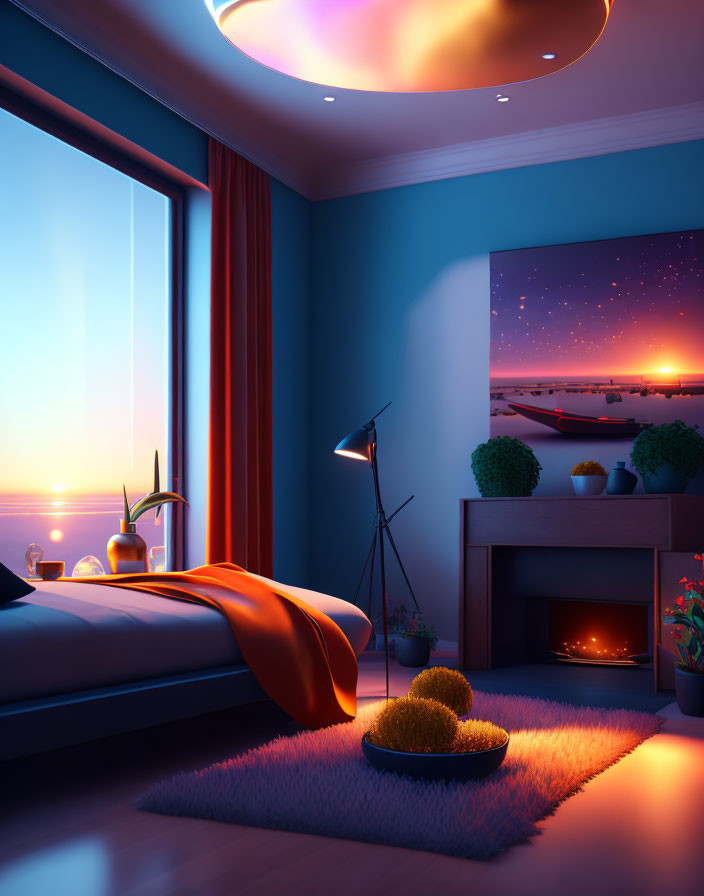 Modern Cozy Bedroom with Fireplace and Large Window at Dusk