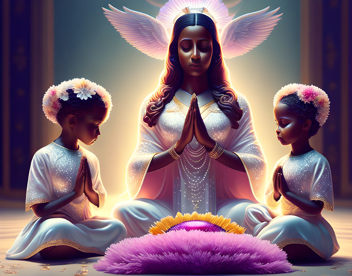 Meditating angel with children in prayer under mystical glow