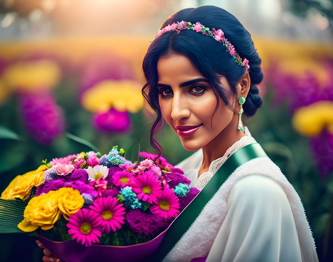 Woman in traditional attire with floral headpiece and bouquet in colorful garden