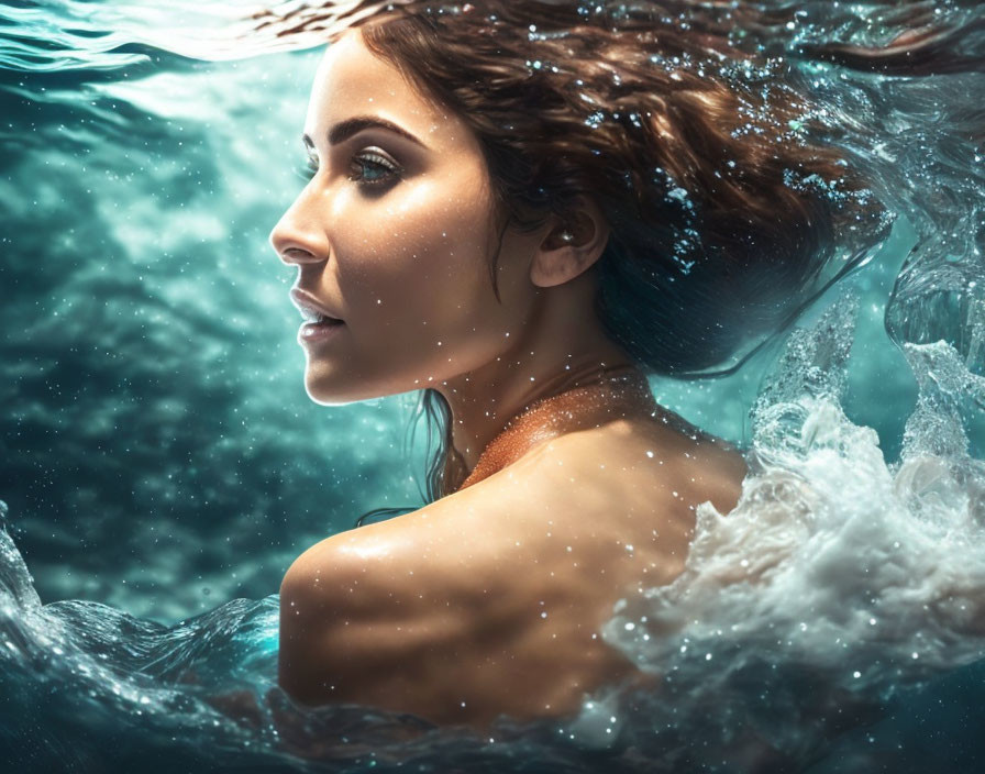 Woman with flowing hair submerged in water up to neck