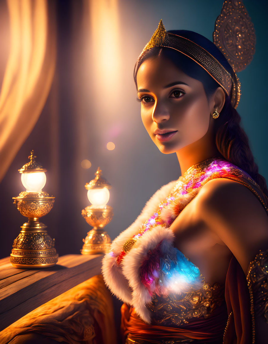 Regal woman in elegant attire beside glowing lamps