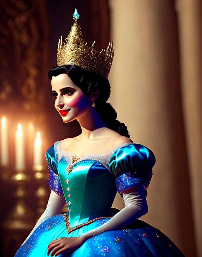 Stylized Princess Portrait in Blue Dress with Crown