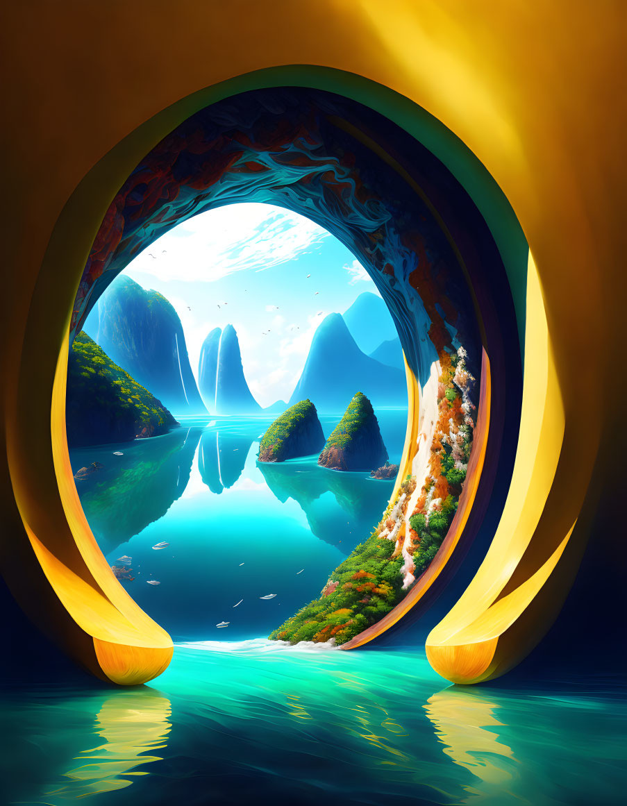 Fantastical cave leading to serene bay with mountains and greenery