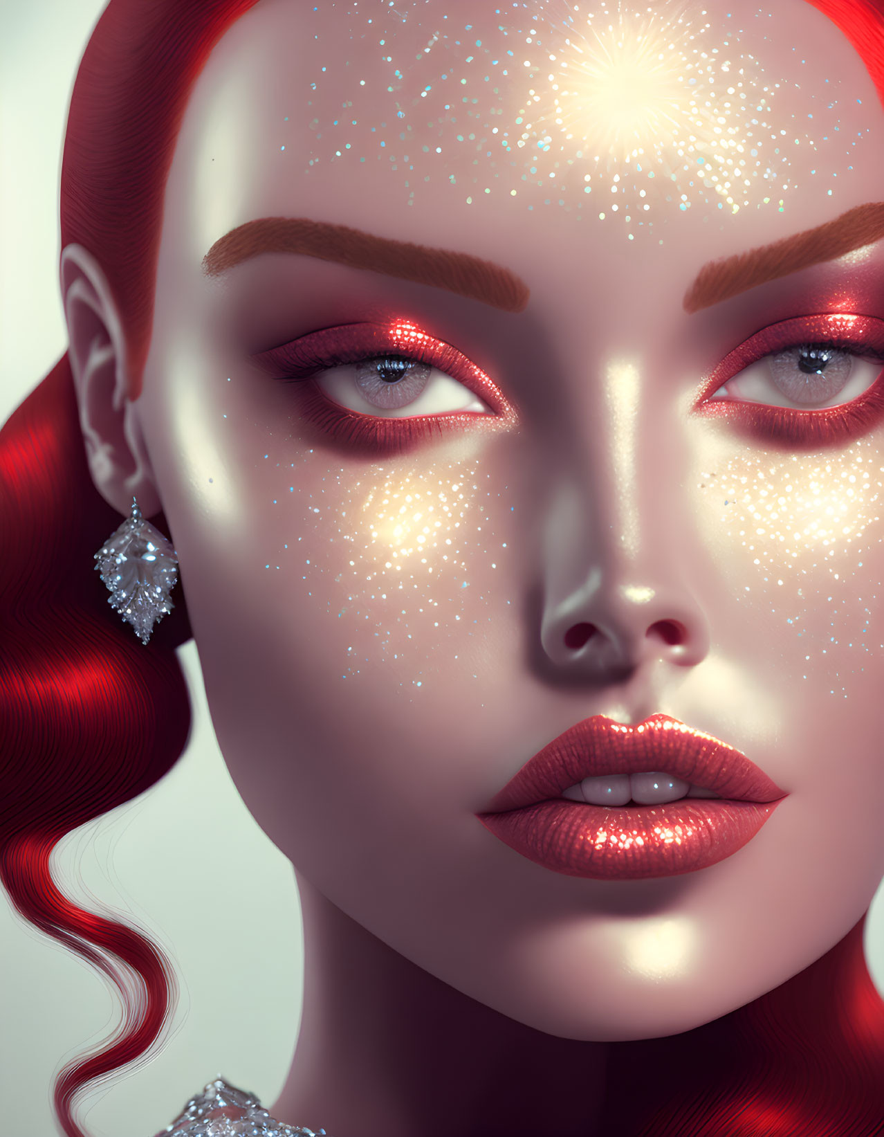 Digital portrait of woman: red hair, glitter makeup, star freckles, ethereal look