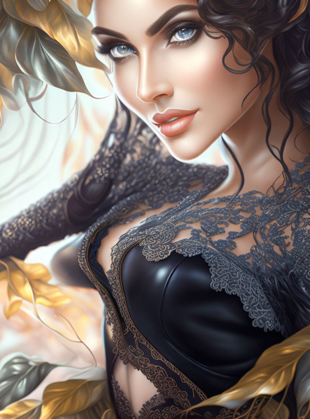 Digital Artwork: Woman with Blue Eyes and Wavy Hair in Ornate Black and Gold Clothing