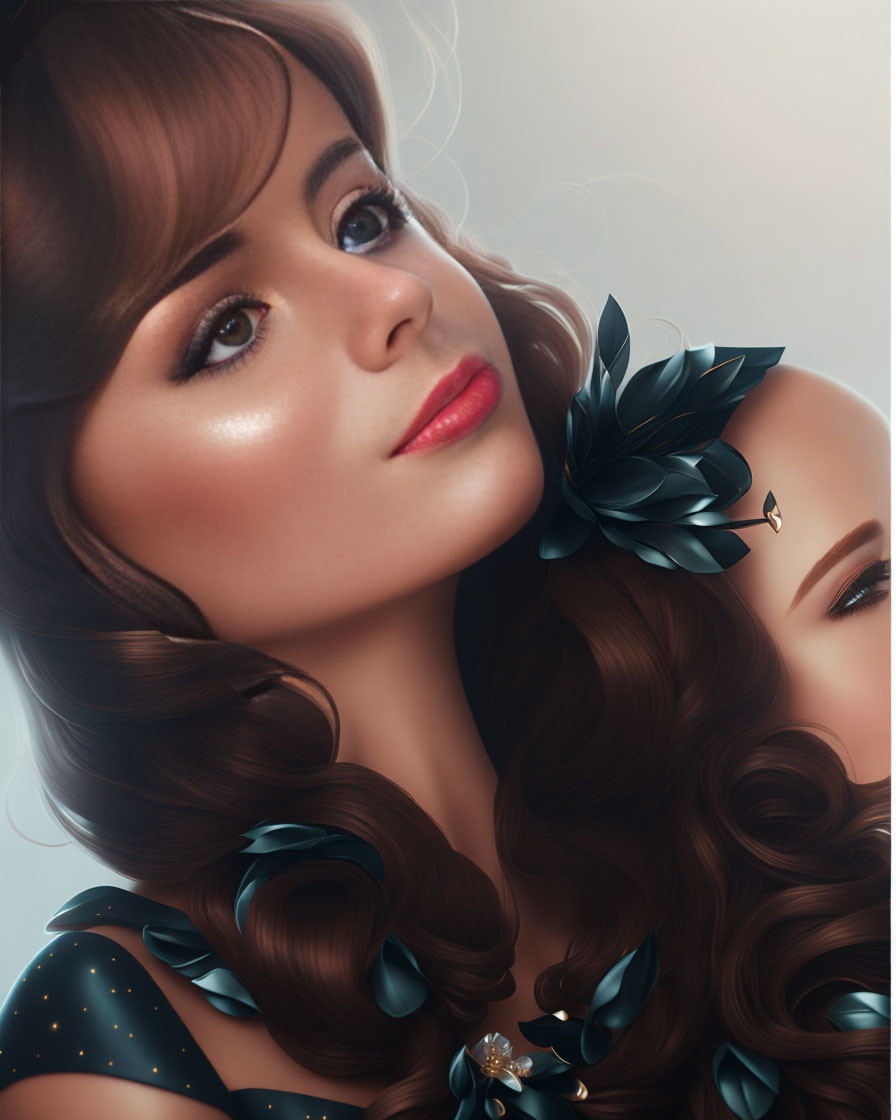 Woman with glossy brown hair and black leaf adornments in digital illustration