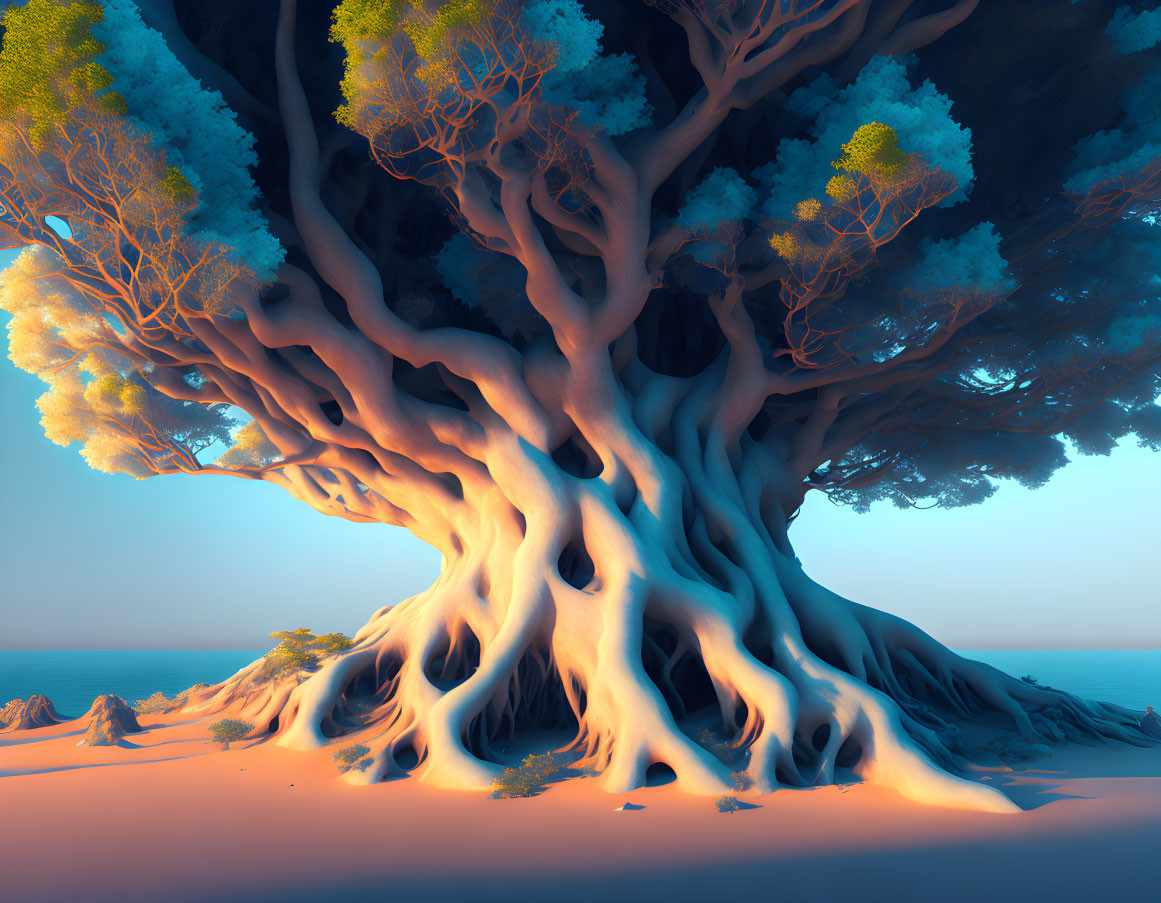 Enormous surreal tree with intricate roots and branches in warm landscape