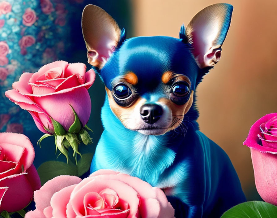 Digitally Enhanced Chihuahua with Oversized Eyes Surrounded by Pink Roses