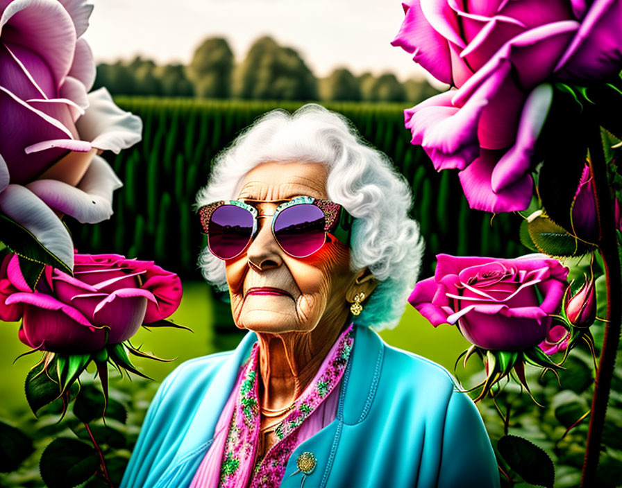 Elderly Lady in Heart-Shaped Sunglasses Among Pink Roses