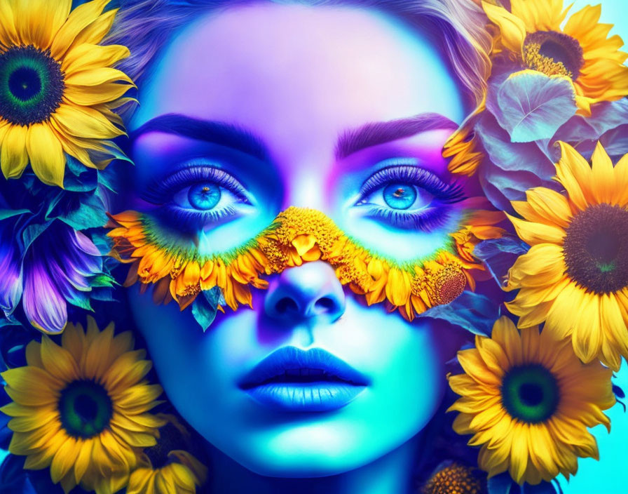 Vibrant portrait of woman with blue skin and sunflowers.