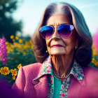 Elderly woman with gray hair and pink scarf in vibrant garden