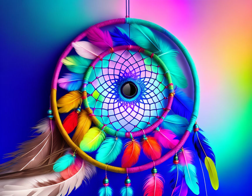 Colorful Dreamcatcher with Feathers and Beads on Multicolored Background