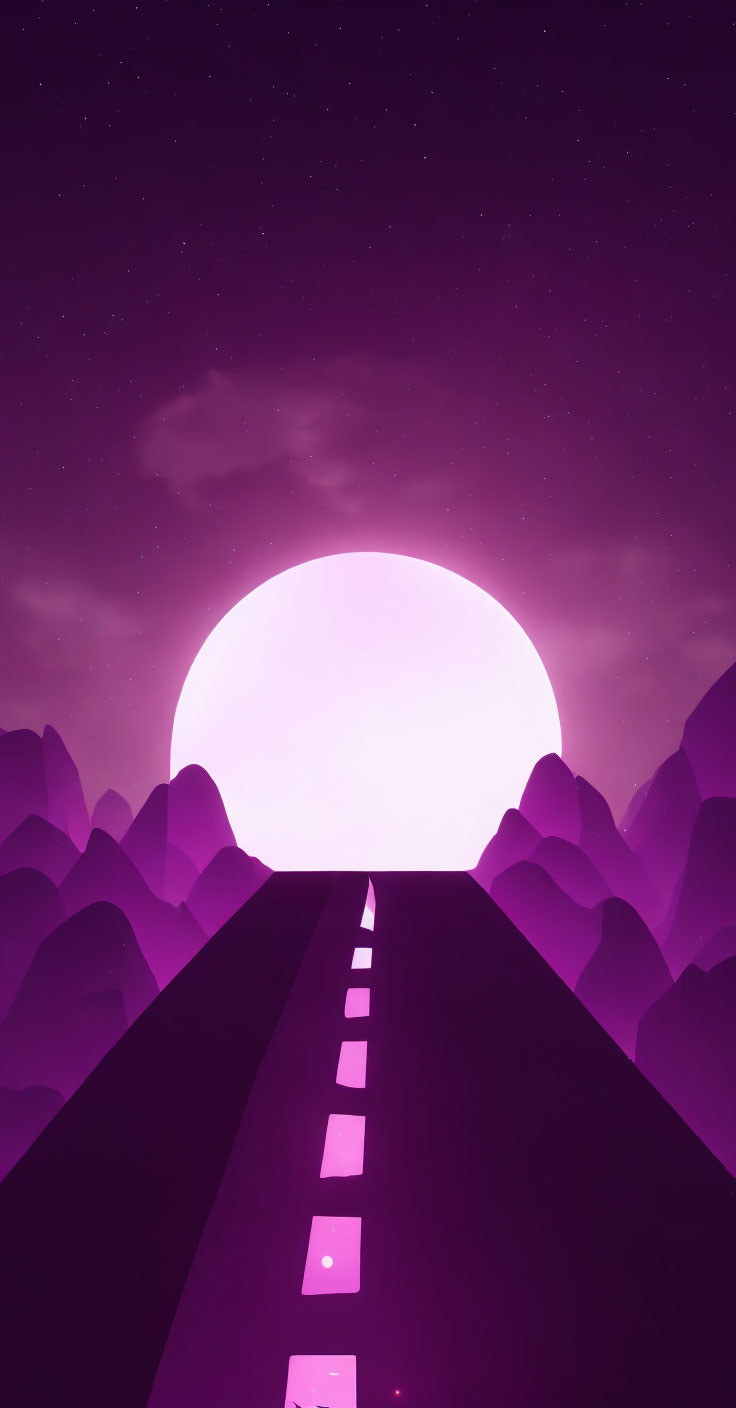 Purple landscape with road, white moon, and starry sky above mountains