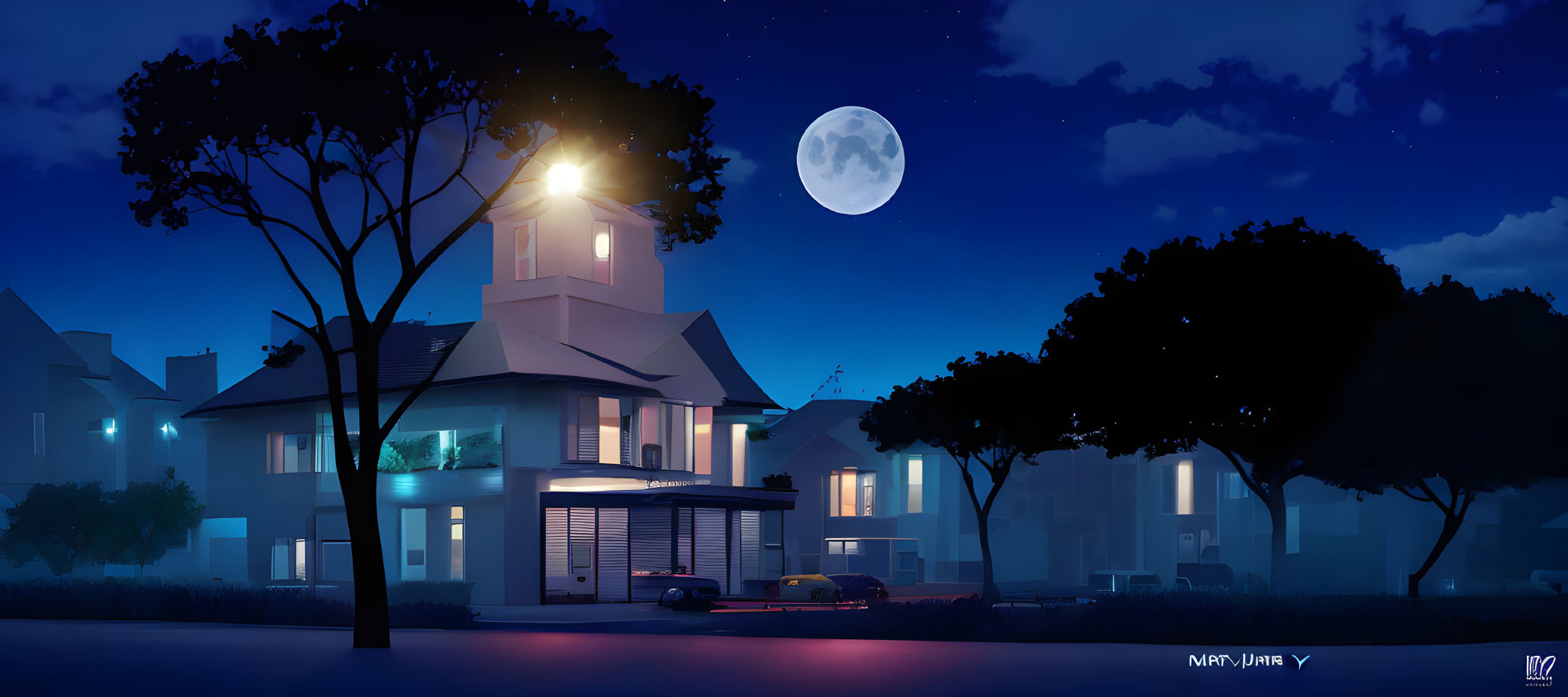 Modern two-story house at night with illuminated interiors and parked car under moonlit sky.