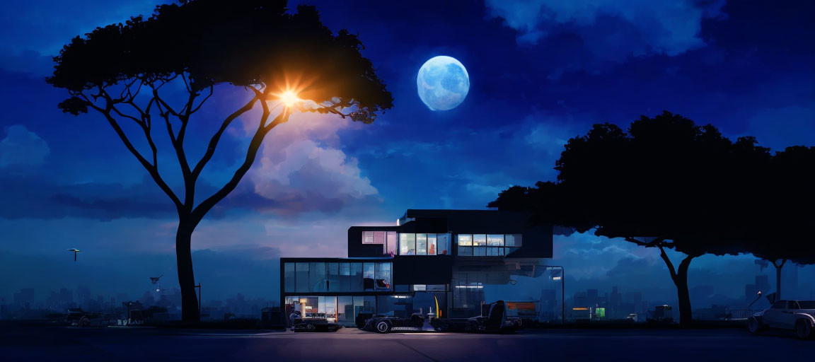 Modern House Illuminated at Twilight with Full Moon and Urban Skyline