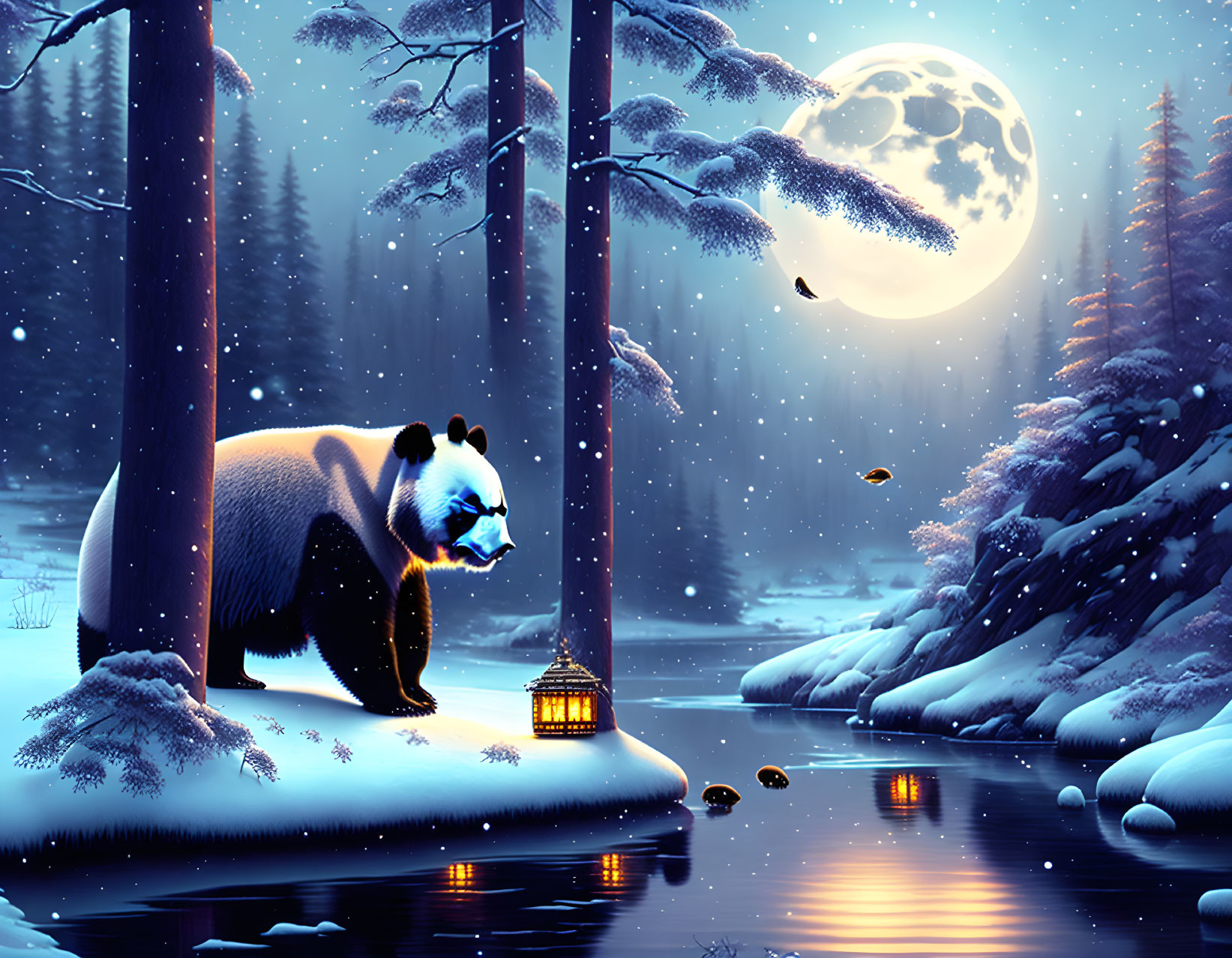 Panda with lantern in snowy riverside scene