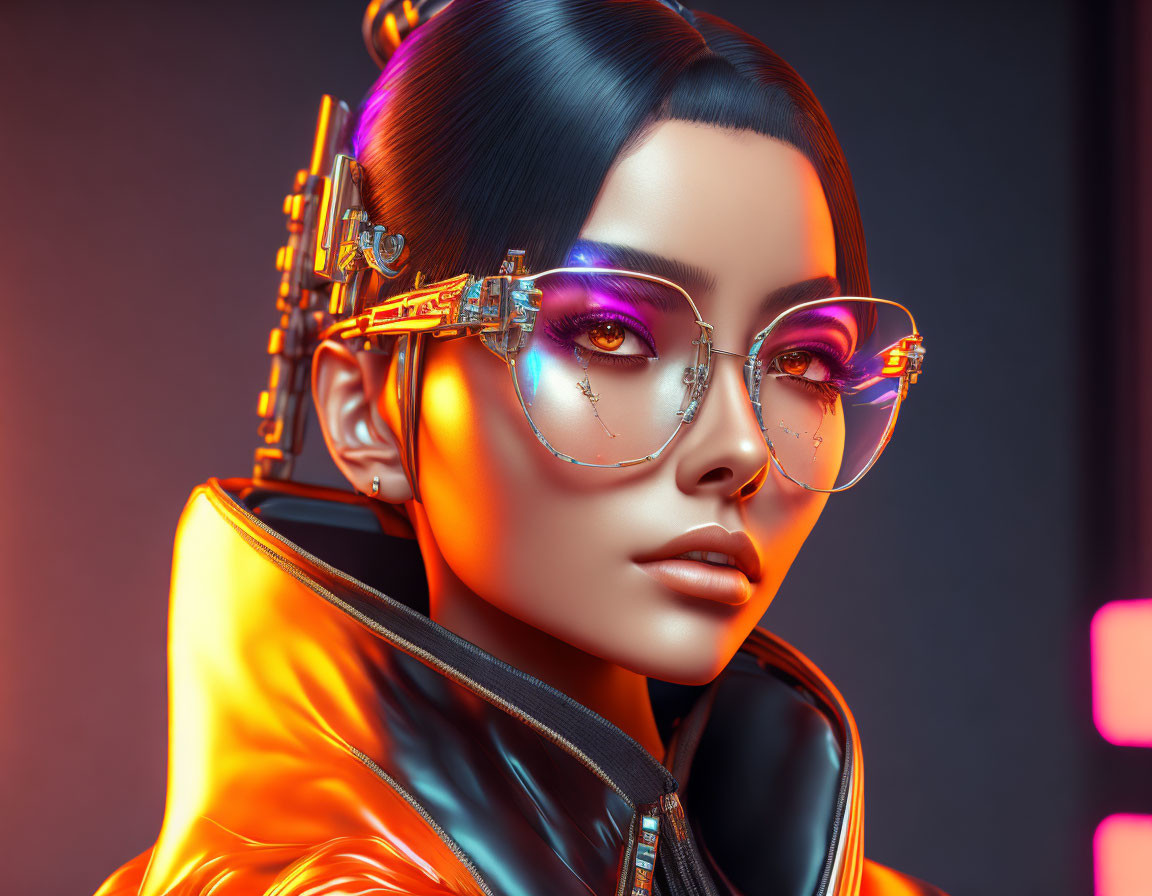 Futuristic female character with cybernetic enhancements in neon-lit setting