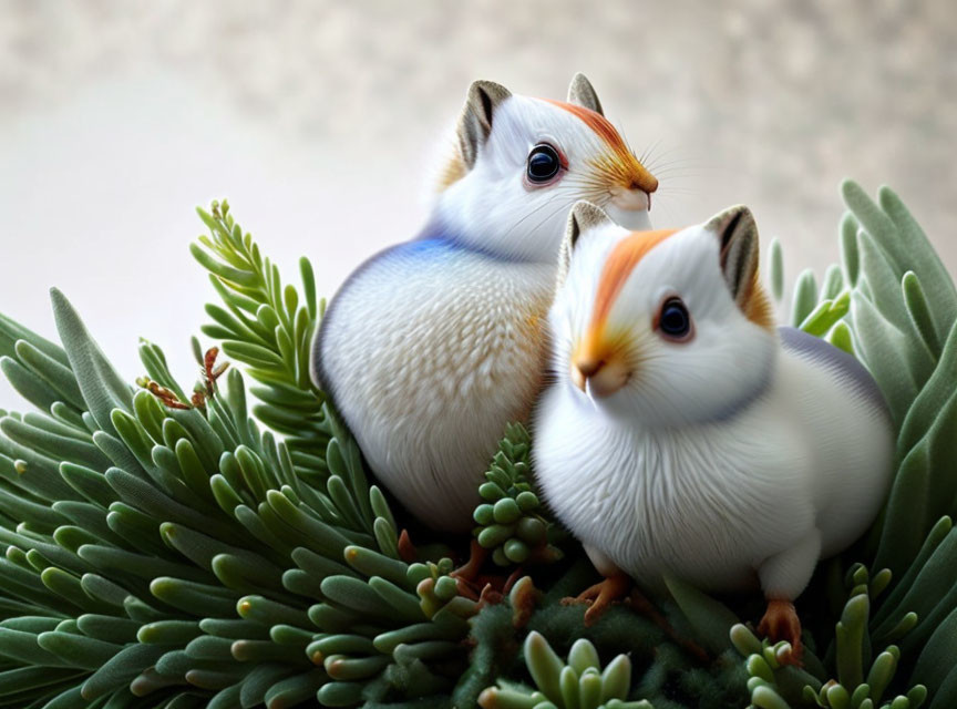 Cartoonish fluffy creatures with cat-like faces on green succulent plants