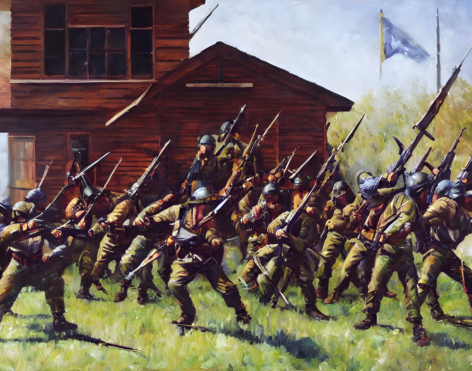 Historical soldiers in uniform charging with bayoneted rifles near wooden building and flag.