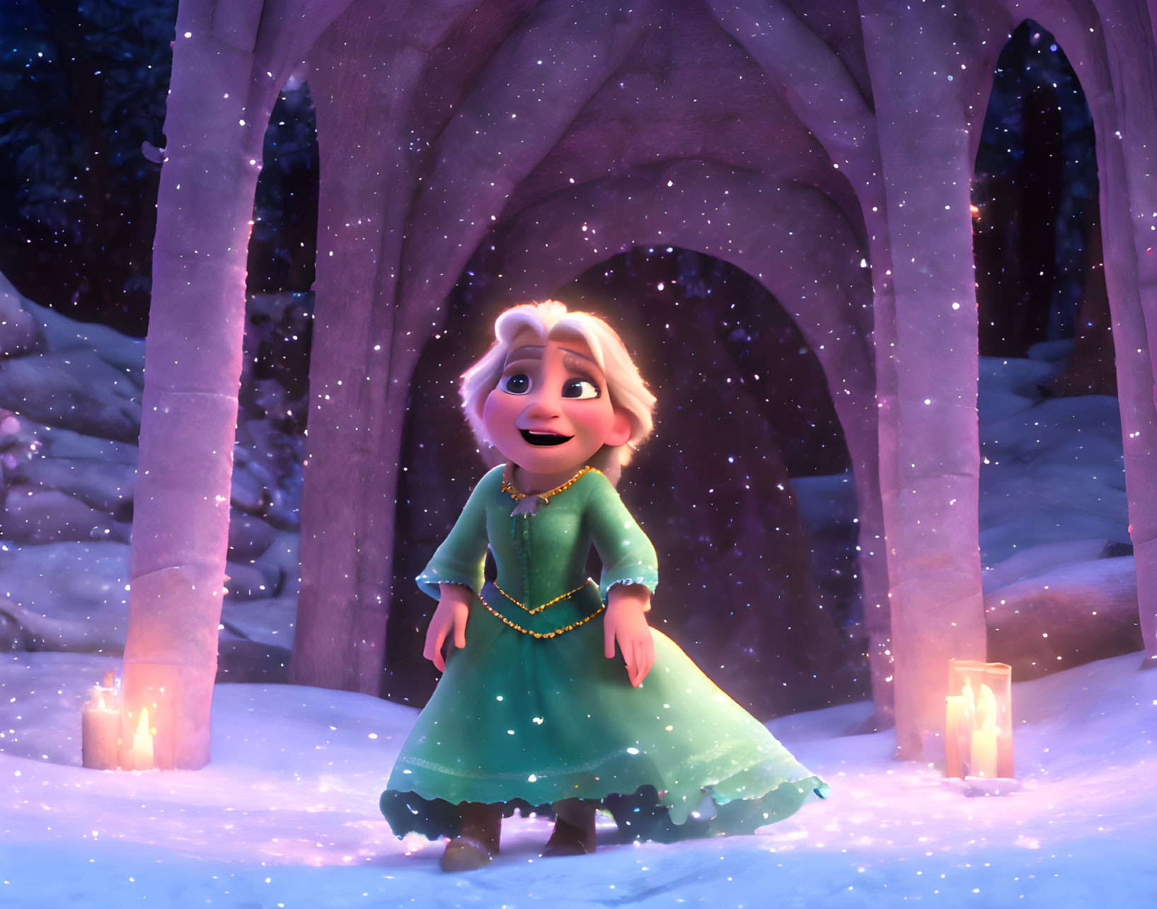 Young animated girl in green dress in snowy forest with glowing candles under archway