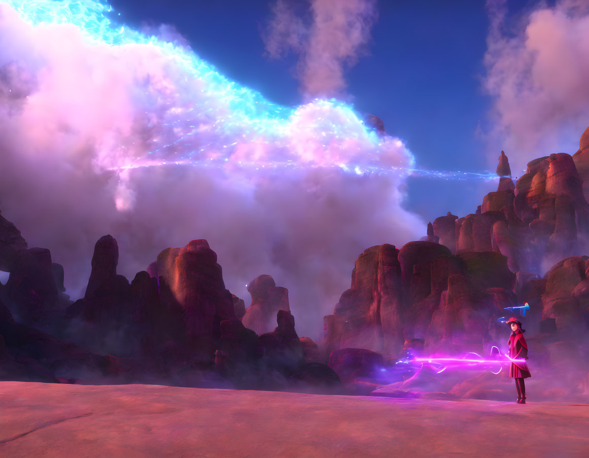 Character in Red Casting Purple Magic Spell on Rocky Terrain Under Majestic Sky