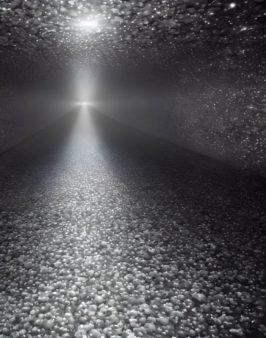 Dark room with bright light source illuminating scattered pebbles