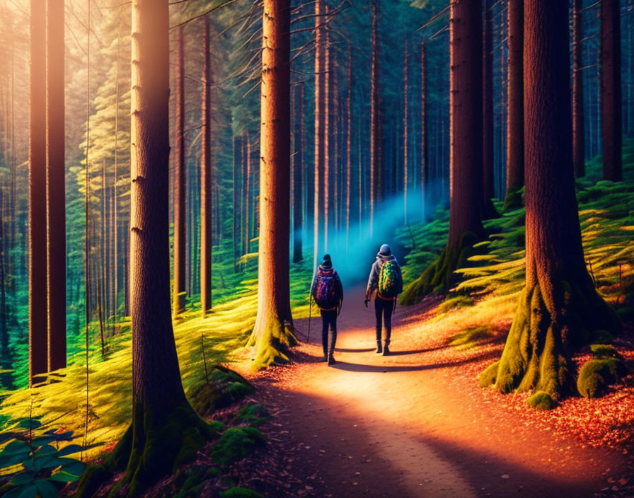 Hikers on forest trail with tall trees and sunlight filtering through