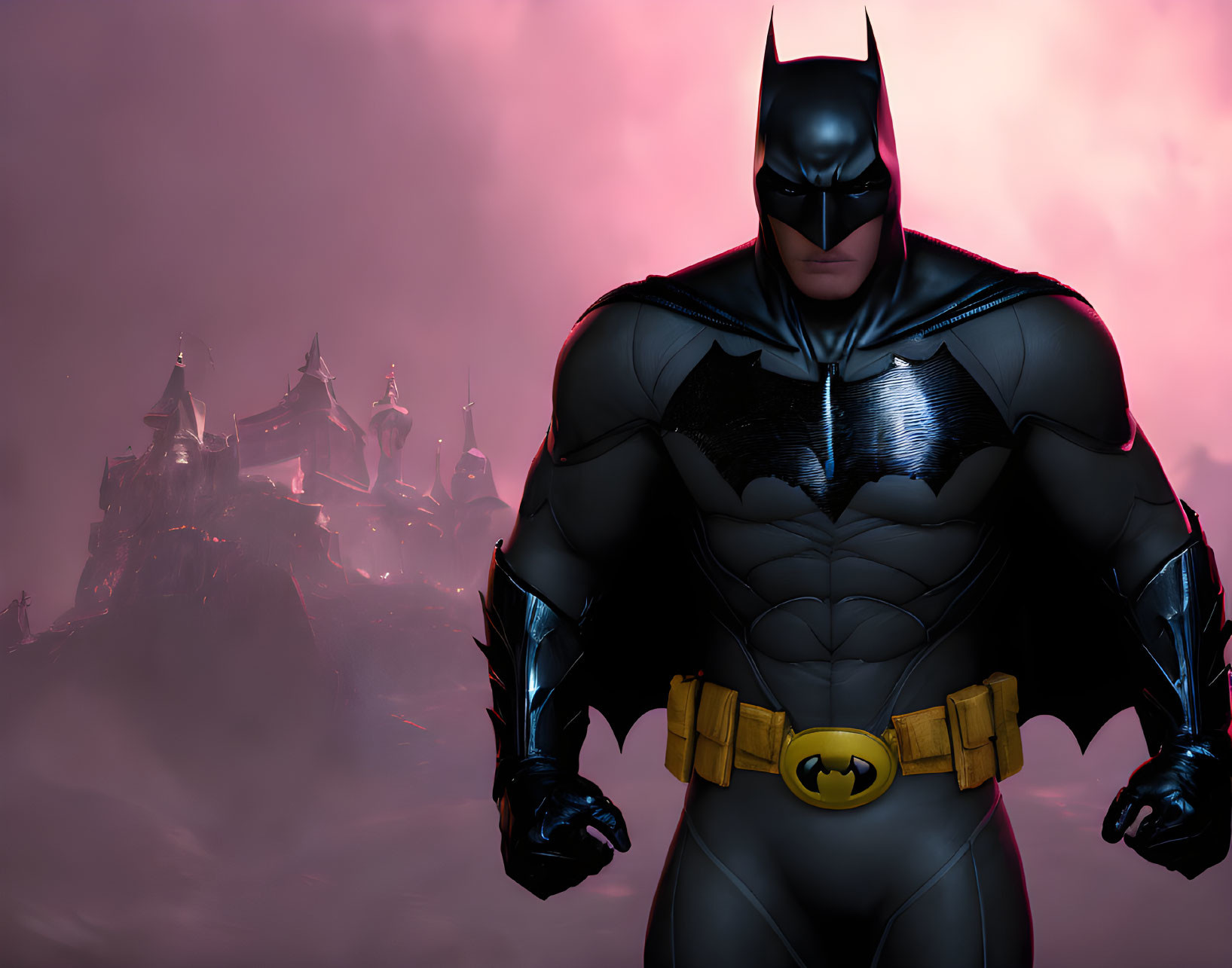 Iconic Batman Suit with Bat Emblem Against Castle Silhouette