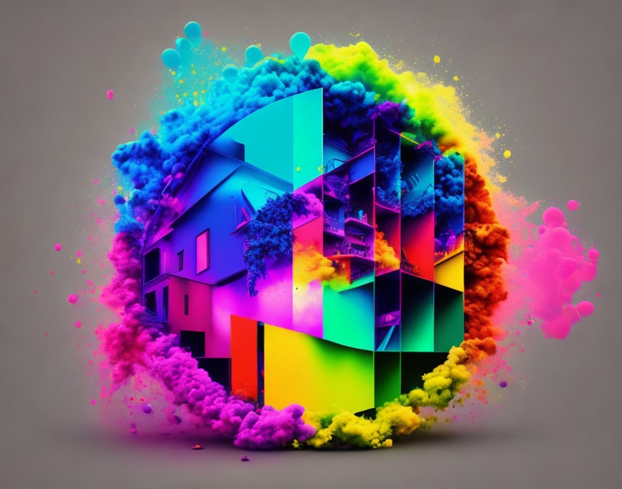 Colorful Surreal Digital Artwork with Neon Clouds and Exploding Paint