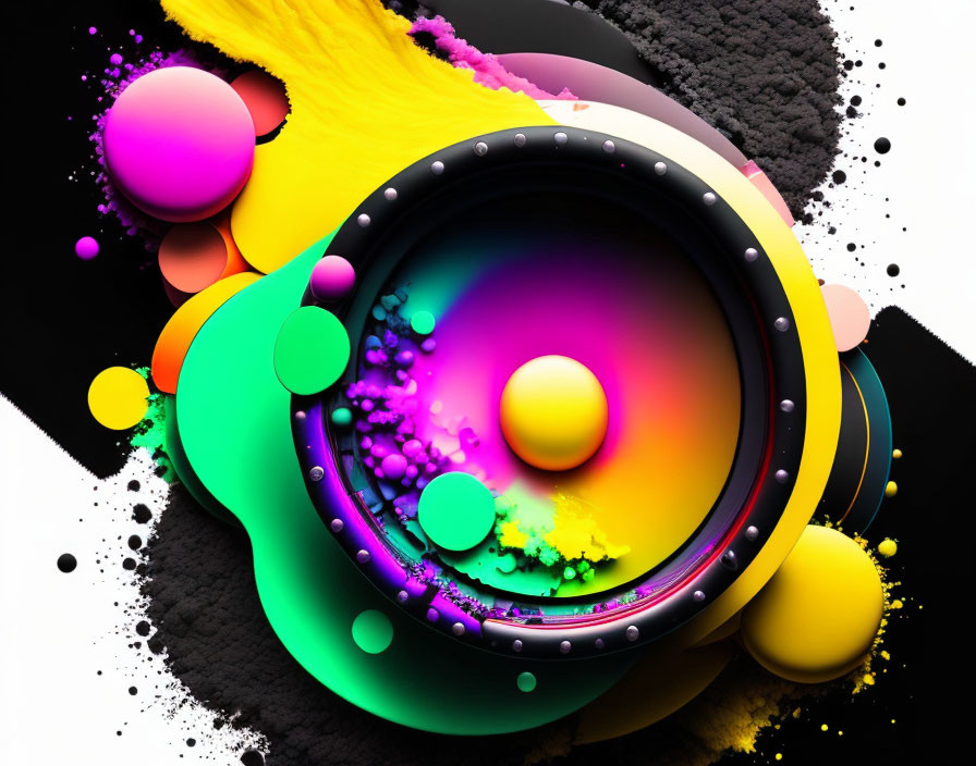 Colorful abstract art with central circle and vibrant spheres and textures