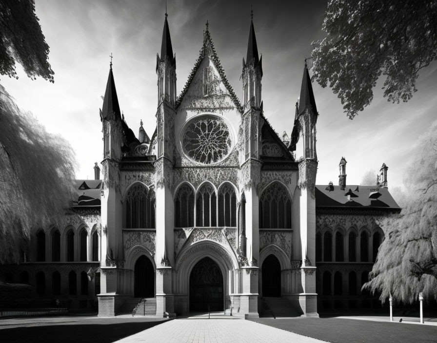 Neo-Gothic Style Building with Ornate Facades and Arched Windows