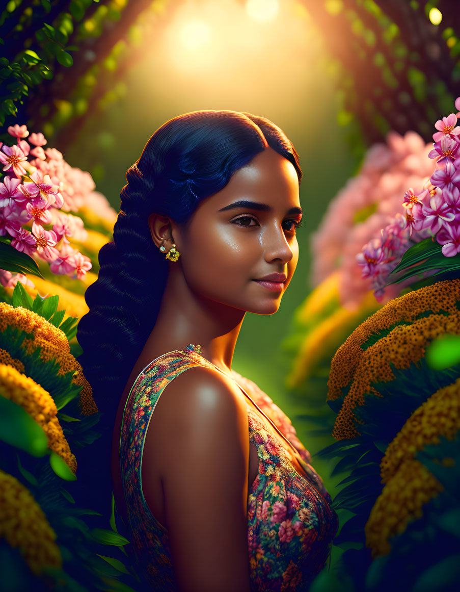 Woman with braid surrounded by vibrant flowers in golden sunlight