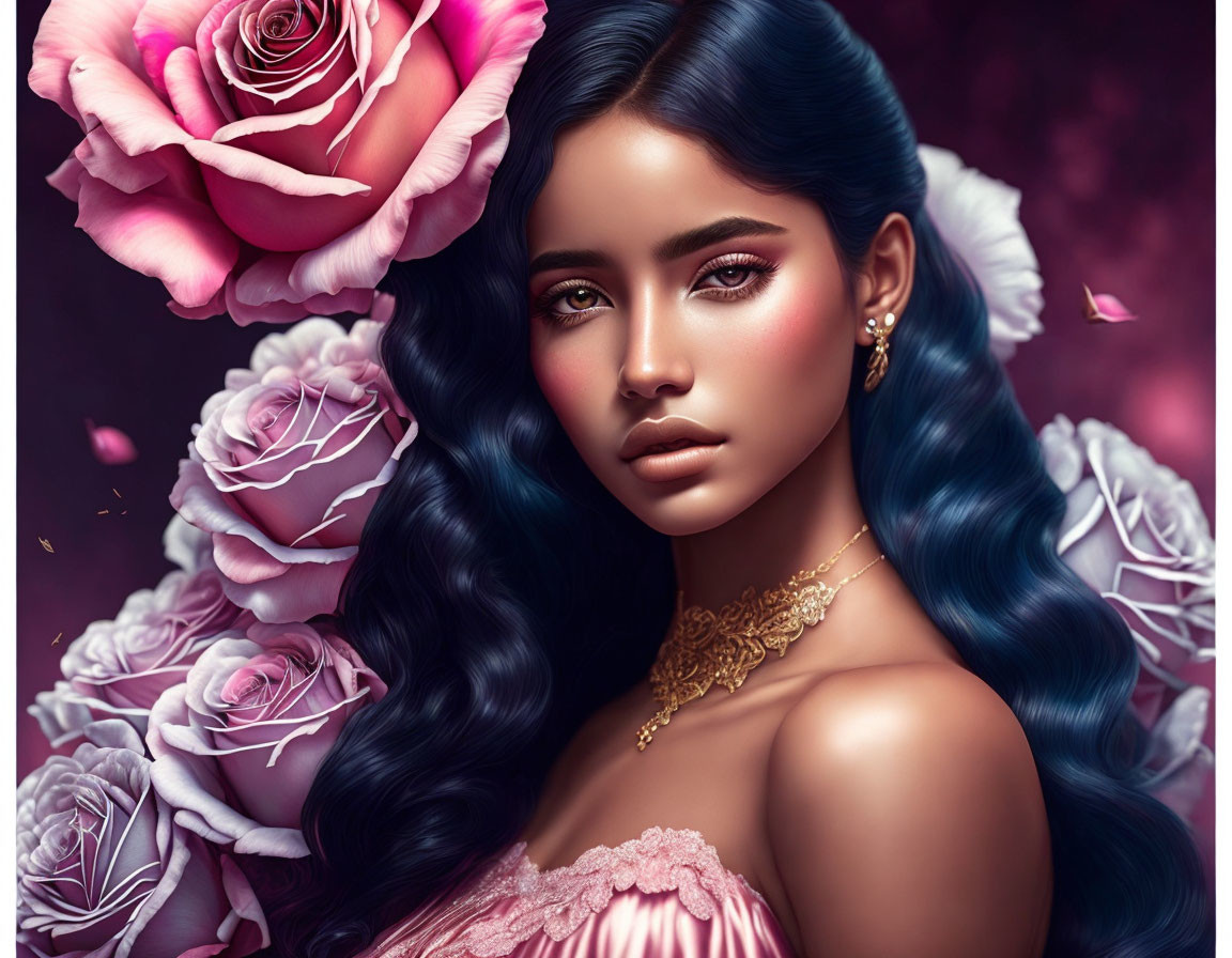 Digital artwork: Woman with blue hair, roses, pink hues, gold jewelry, intense gaze