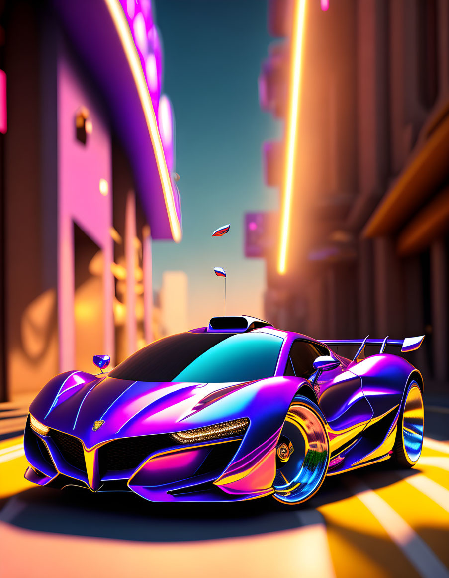 Iridescent Futuristic Sports Car in Vibrant City Setting