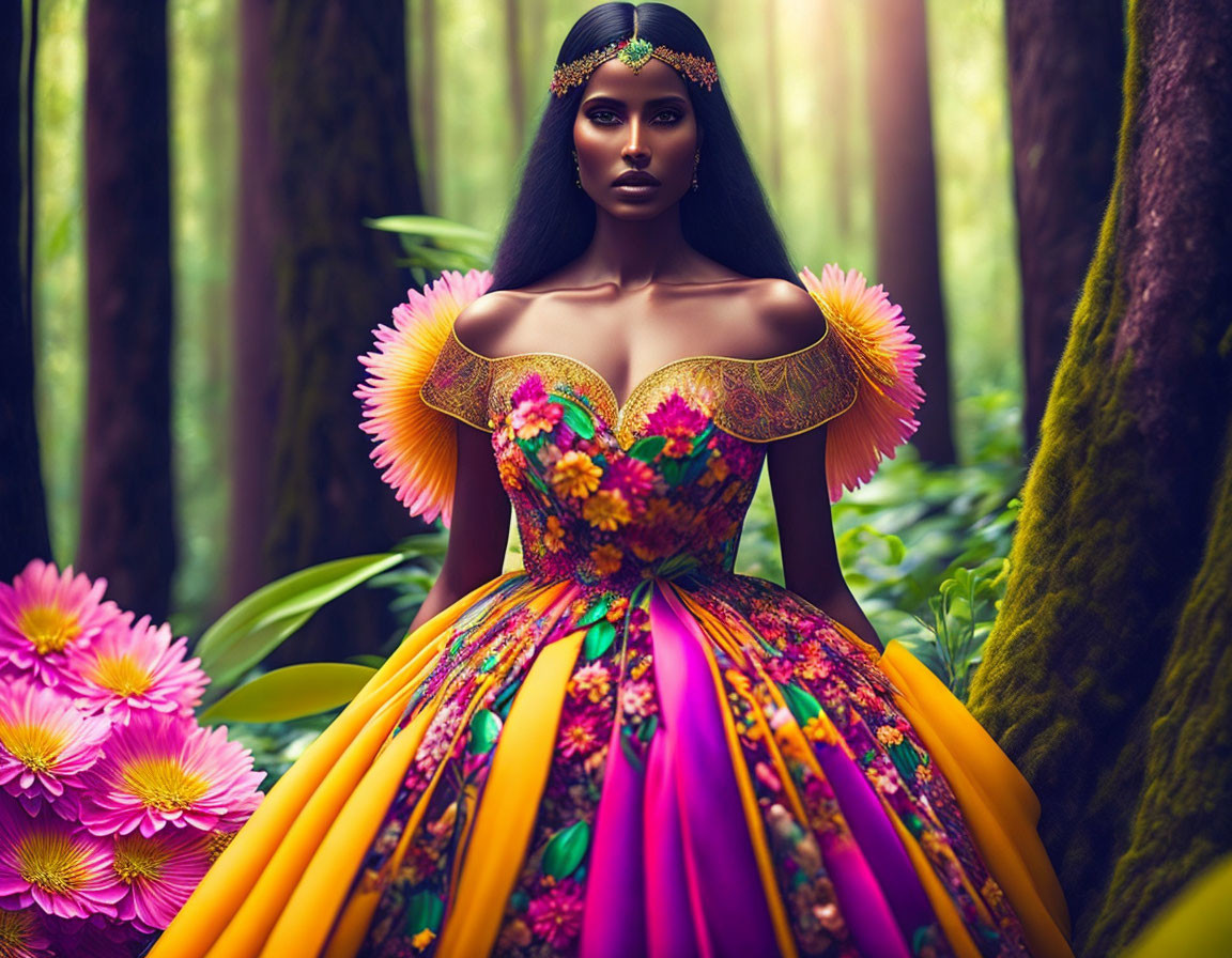 Woman in Colorful Floral Dress in Mystical Forest with Headpiece