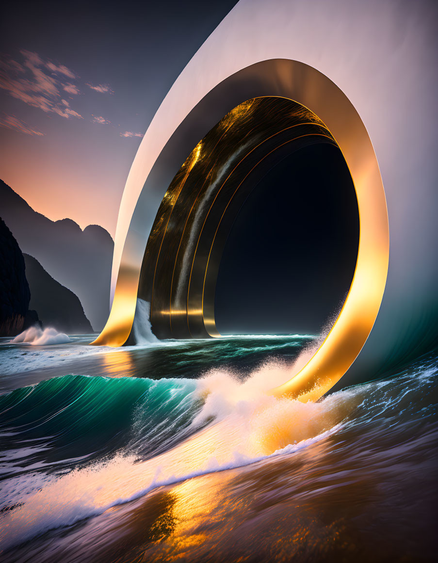 Glowing Mobius Strip Structure on Seashore at Twilight