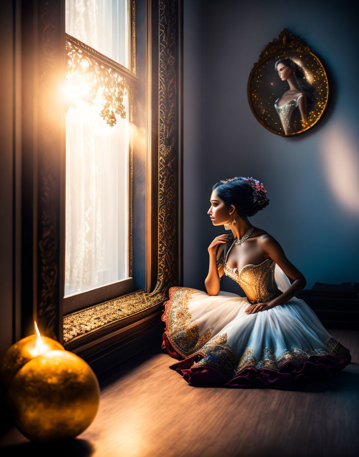 Woman in elegant gown sitting by window with candle and portrait in contemplative pose