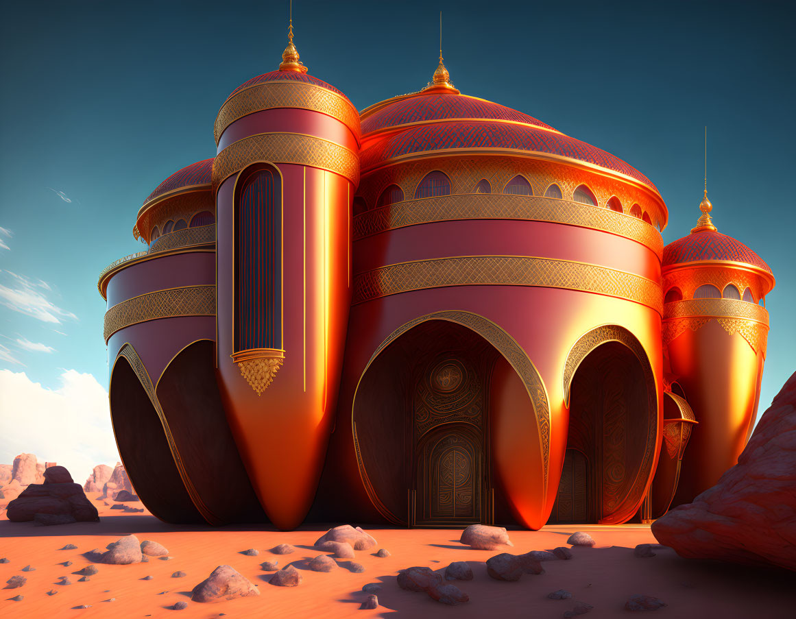 Golden-domed palace in desert landscape with clear blue skies