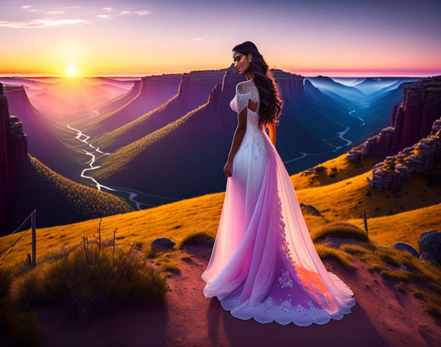 Woman in flowing dress admires sunset over majestic canyon