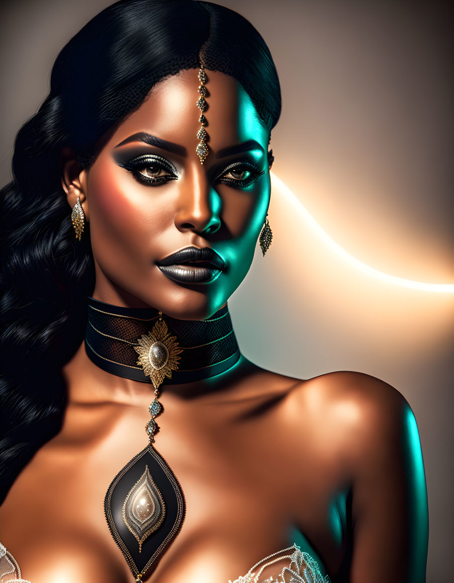 Digital artwork: Woman with dark hair, ornate jewelry, warm light backdrop